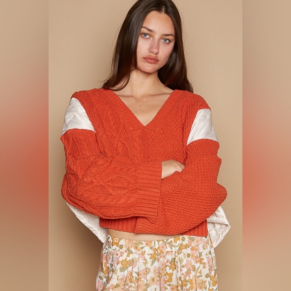 POL Quilted Waffle Cable Knit Patchwork High-low Top Long Sleeve Crop Sweater - Picture 3 of 15